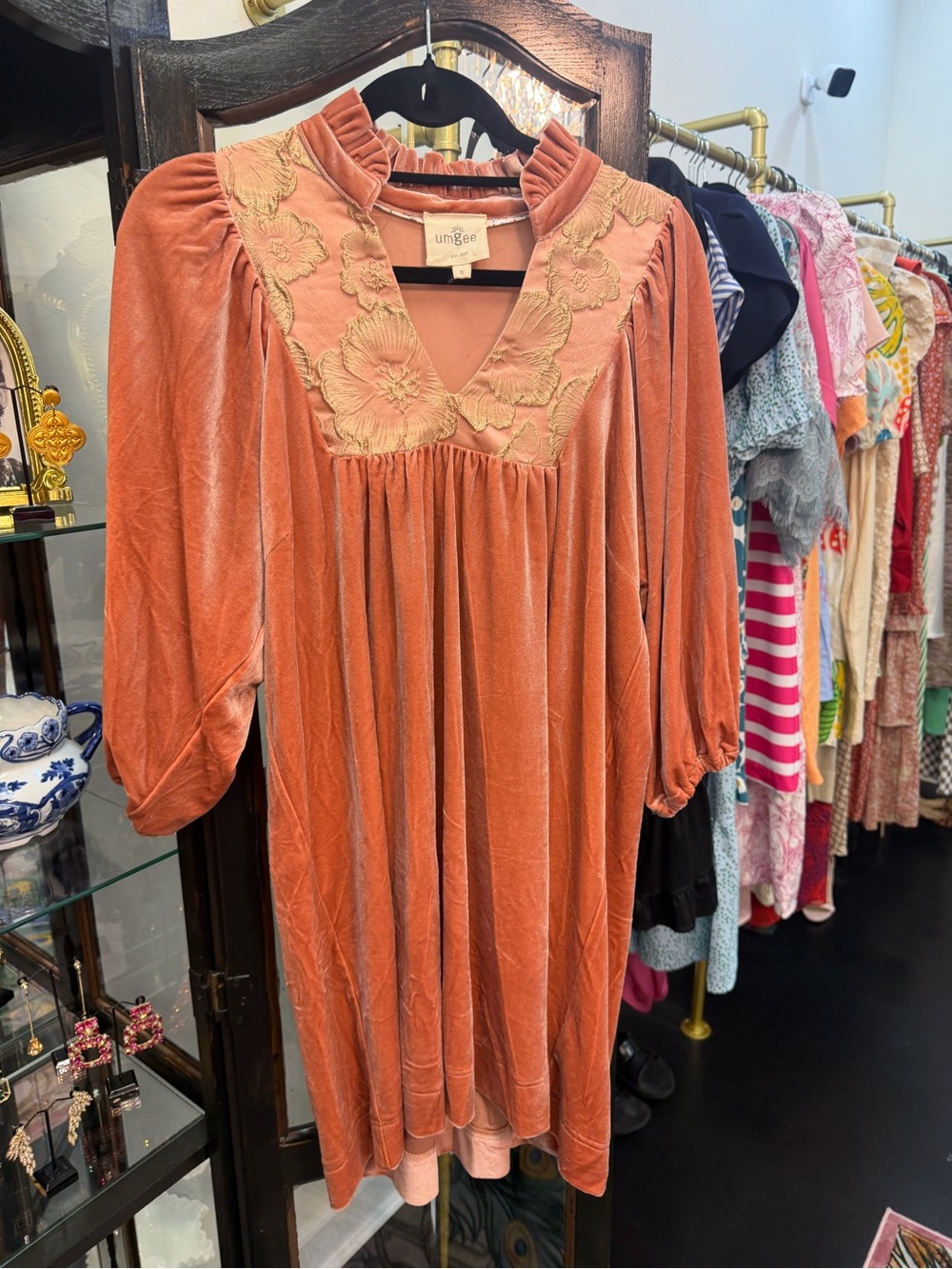 Umgee Rust Velvet Midi Dress with Floral Embroidered Yoke